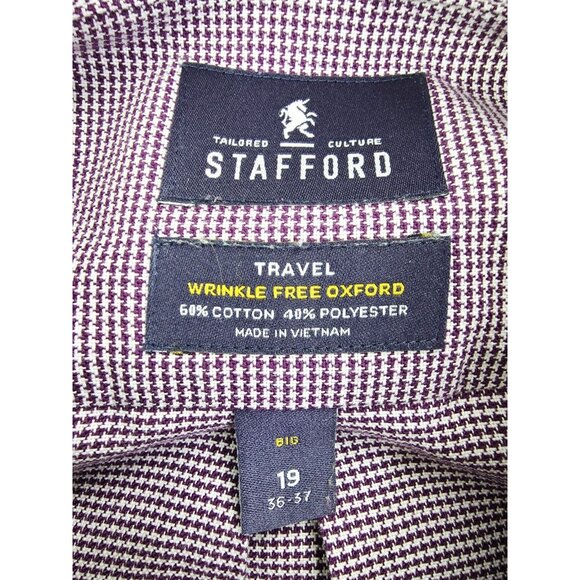 Stafford Big Size 19 36-37 Burgundy White Houndstooth Wrinkle Free Oxford Shirt - Picture 4 of 7